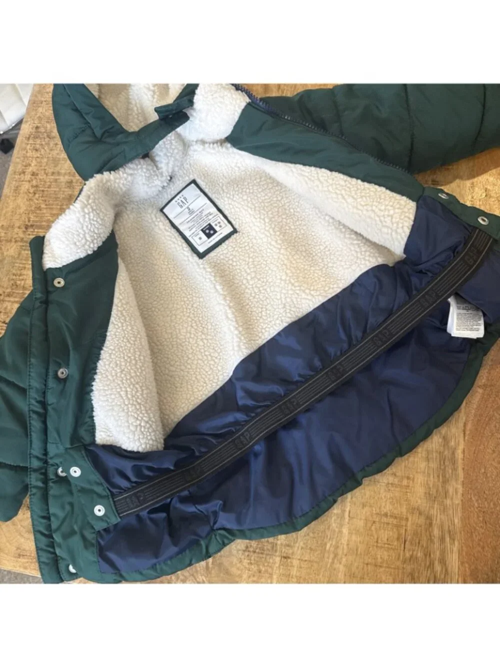 Gap Boys Toddler Puffer Jacket Hooded Olive Green Fleece Lined 2T Sherpa
